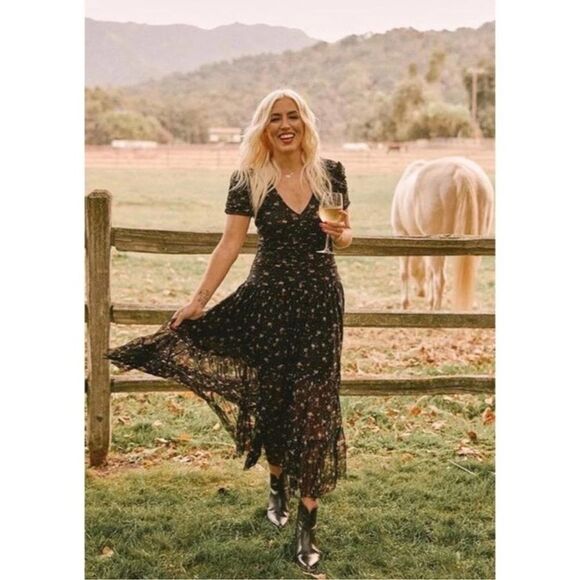 MISA Los Angeles Floral Rebecca Ruched Maxi Dress in Autumn Ditsy Mesh - Picture 2 of 11